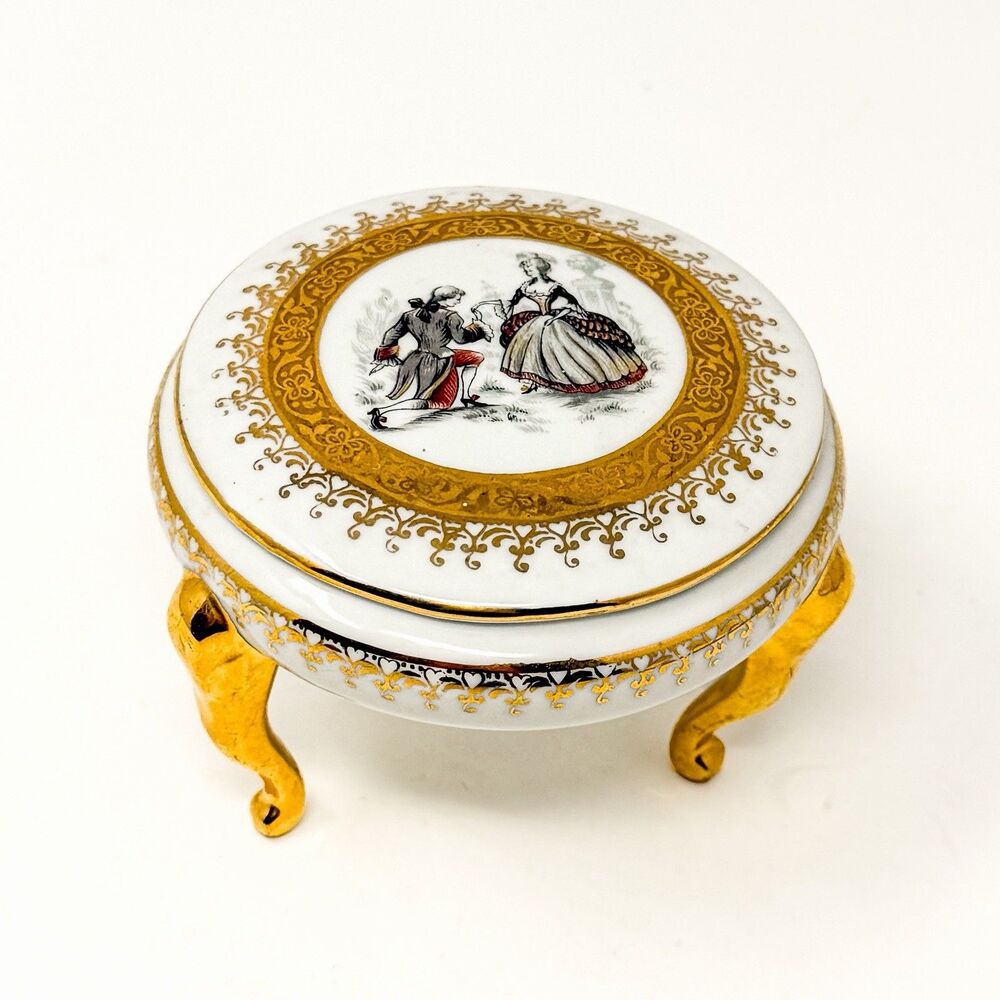 Vintage 1960s Meissner Limoges France Porcelain Trinket Box Courting Couple Gold